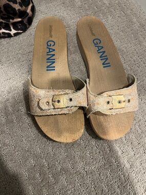 Ganni Beige Tweed Slide Mules with Gold Buckle